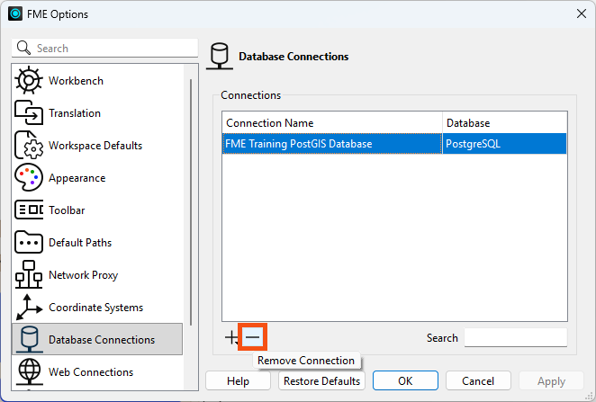 FME Options > Database Connections with the FME Training PostGIS Database connection selected and the Remove button highlighted. Alt text: “Database Connections page with the FME Training PostGIS Database connection selected and the Remove button highlighted.